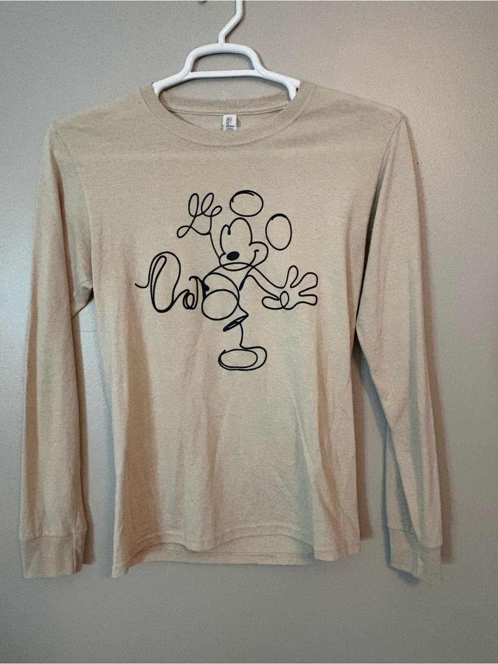 Jerzees Cream Long-Sleeve Tee with Black Outline of Micky Mouse Graphic